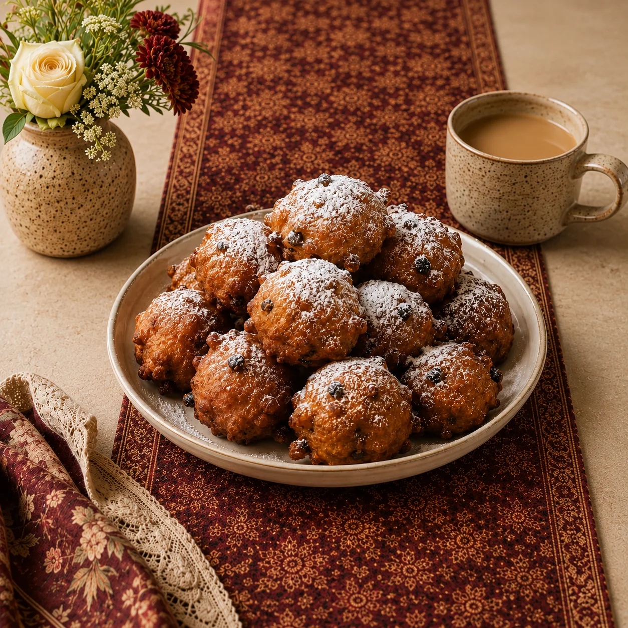 Netherlands oliebollen presented on a Dutch inspired table setting